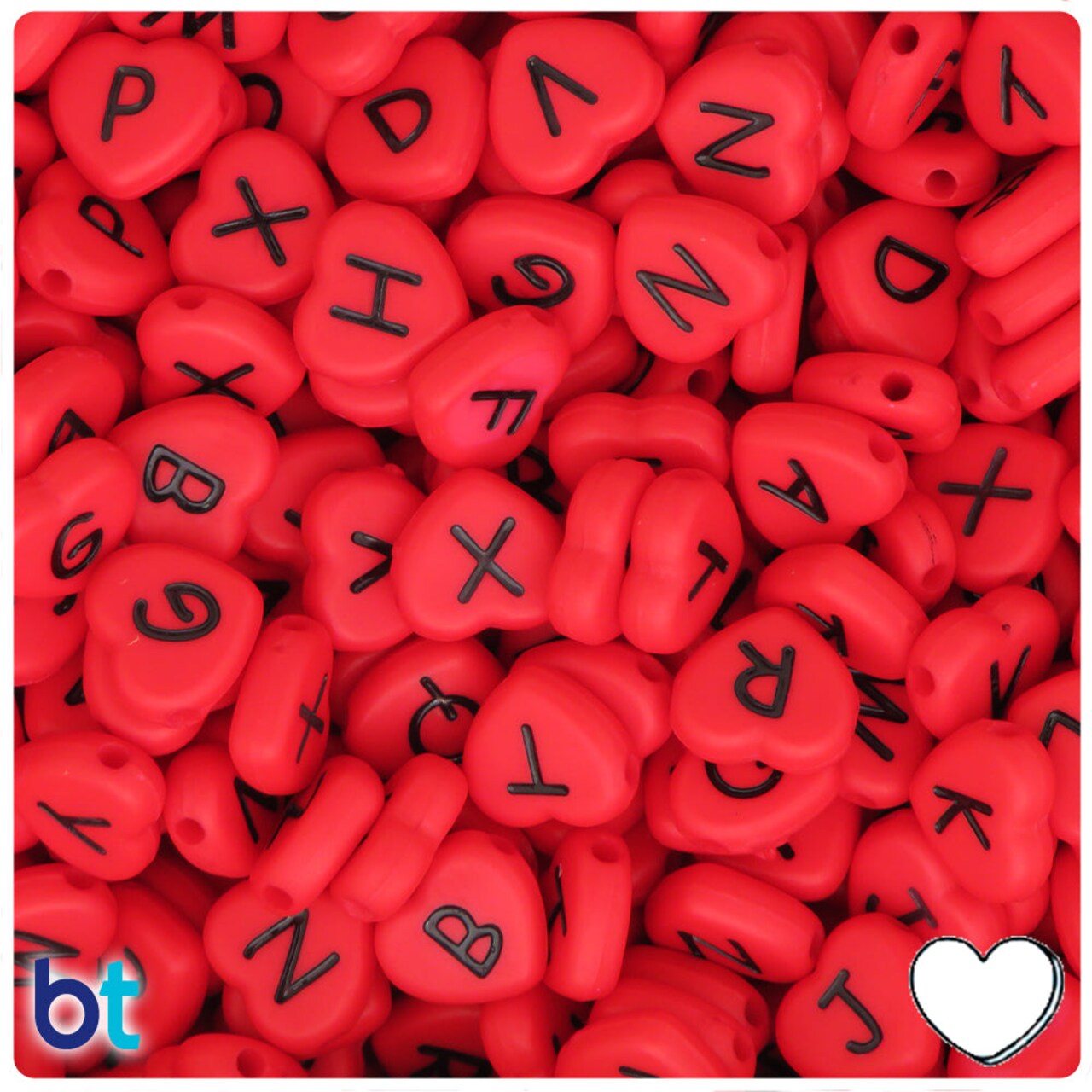 BeadTin Red Opaque 12mm Heart Plastic Alpha Beads - Black Letter Mix (120pcs)